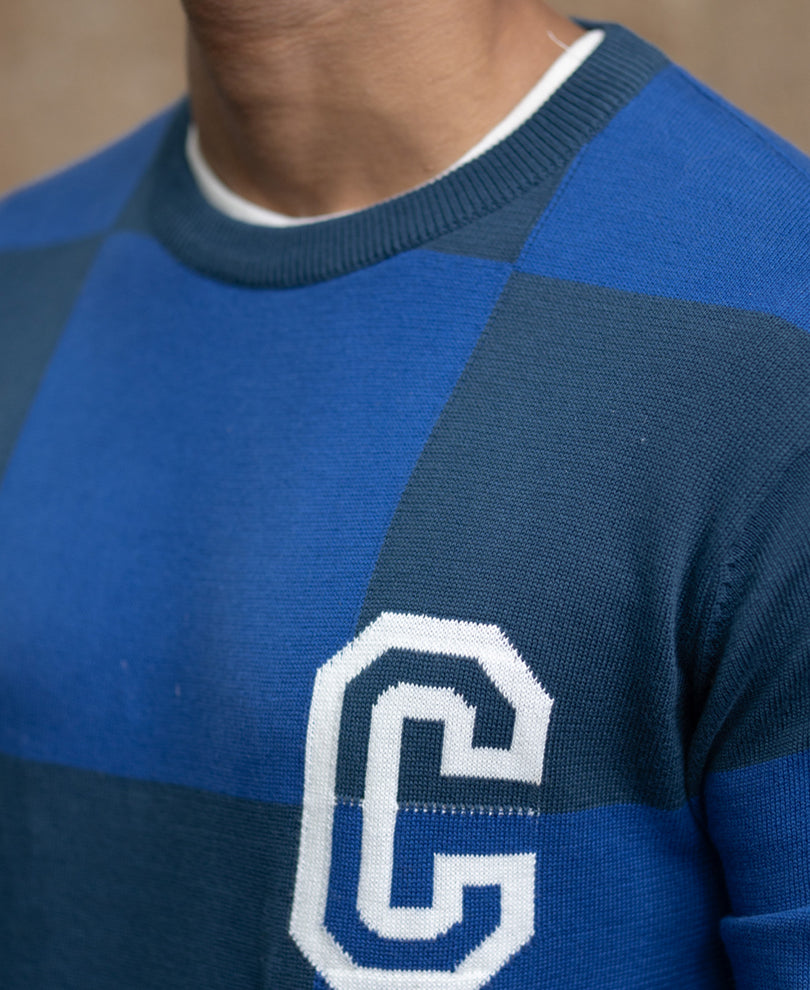 Blue Jacquard Knit T-Shirt 100% Cotton