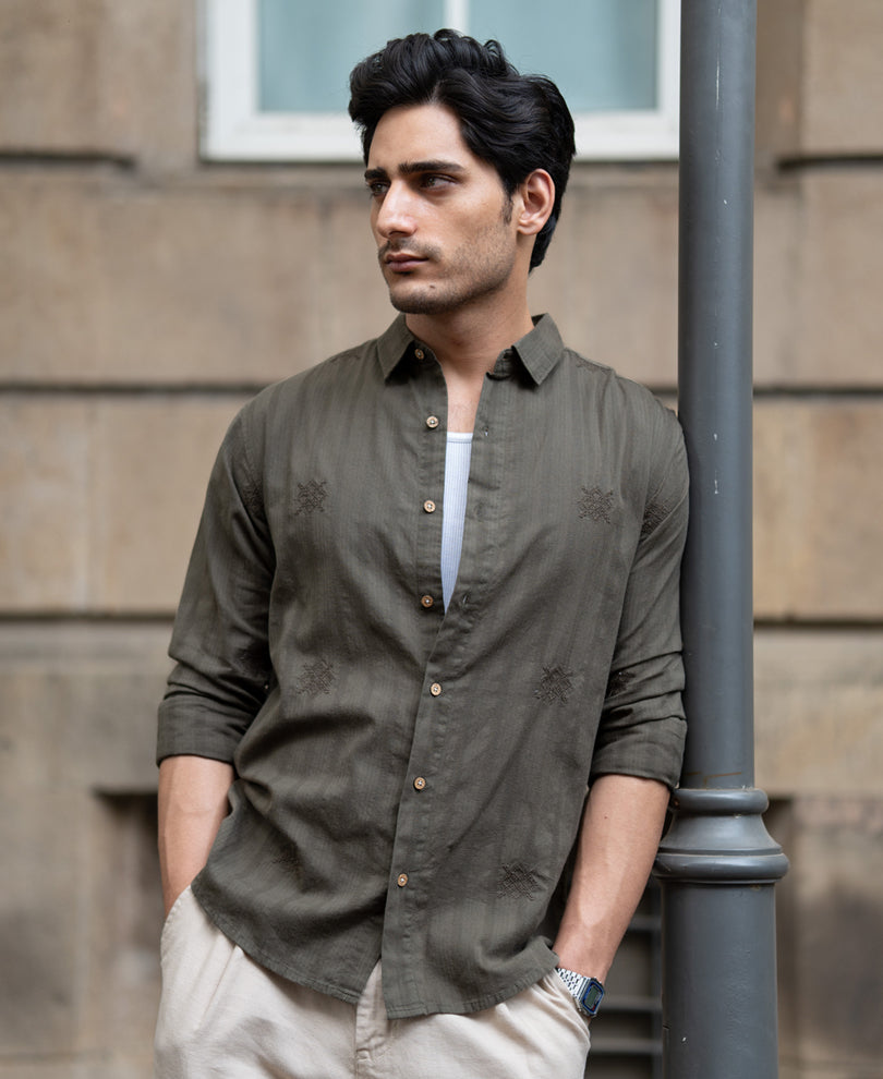 Olive Structure Embroidered Shirt 100% Cotton