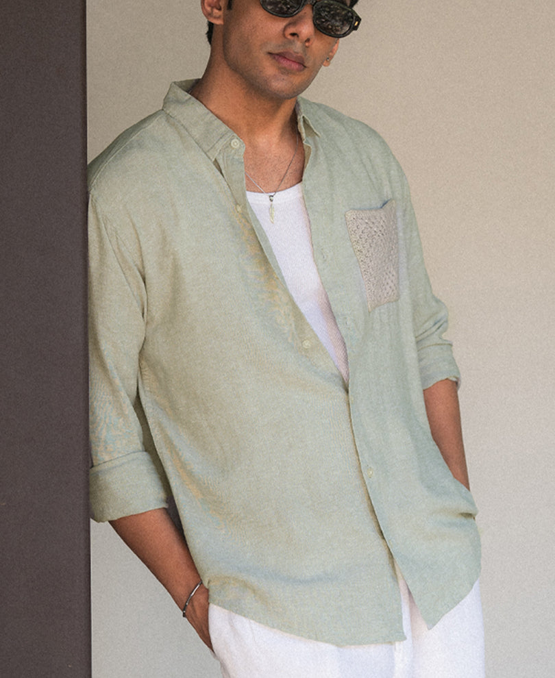 Sage Linen Blend Crochet Shirt