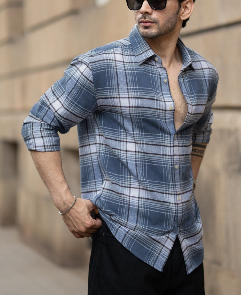 Grey Sky Structured Checks Shirt 100% Cotton