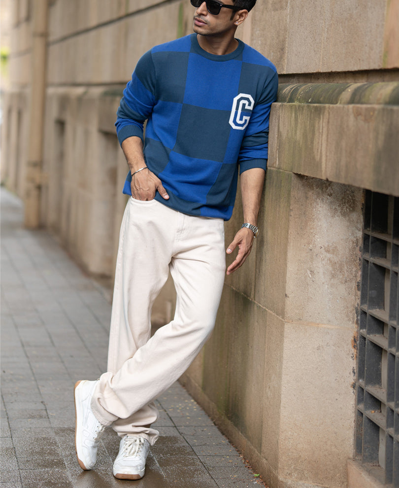 Blue Jacquard Knit T-Shirt 100% Cotton