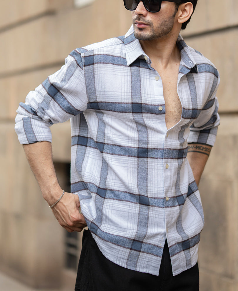 Grey Structured Checked Shirt 100% Cotton