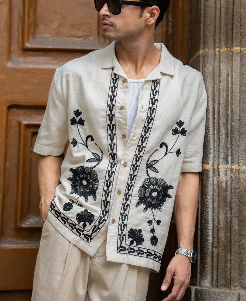 Natural Embroidery Linen Shirt 100% Cotton