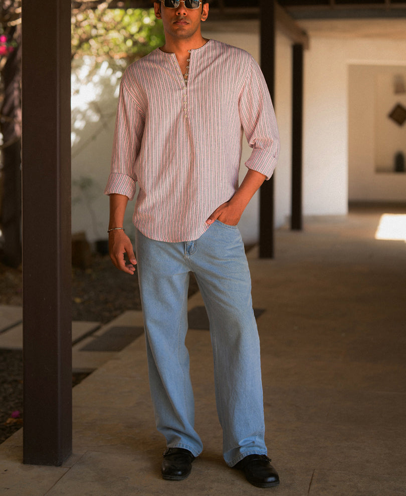 Pastel Pink Linen Blend Stripe Kurta Shirt