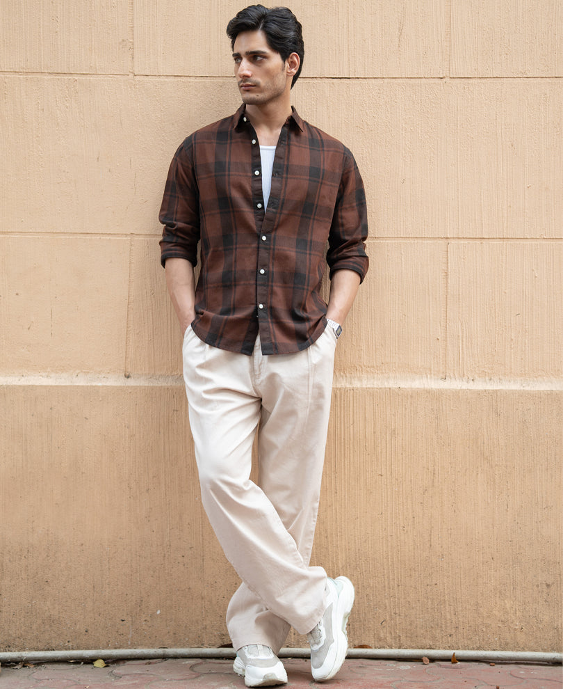 Dark Brown Structured Checked Shirt 100% Cotton