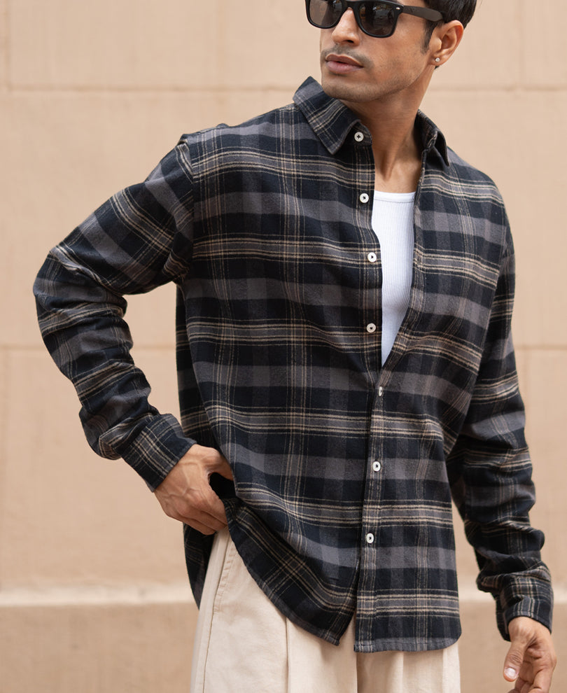 Grey Brushed Checked Shirt 100% Cotton