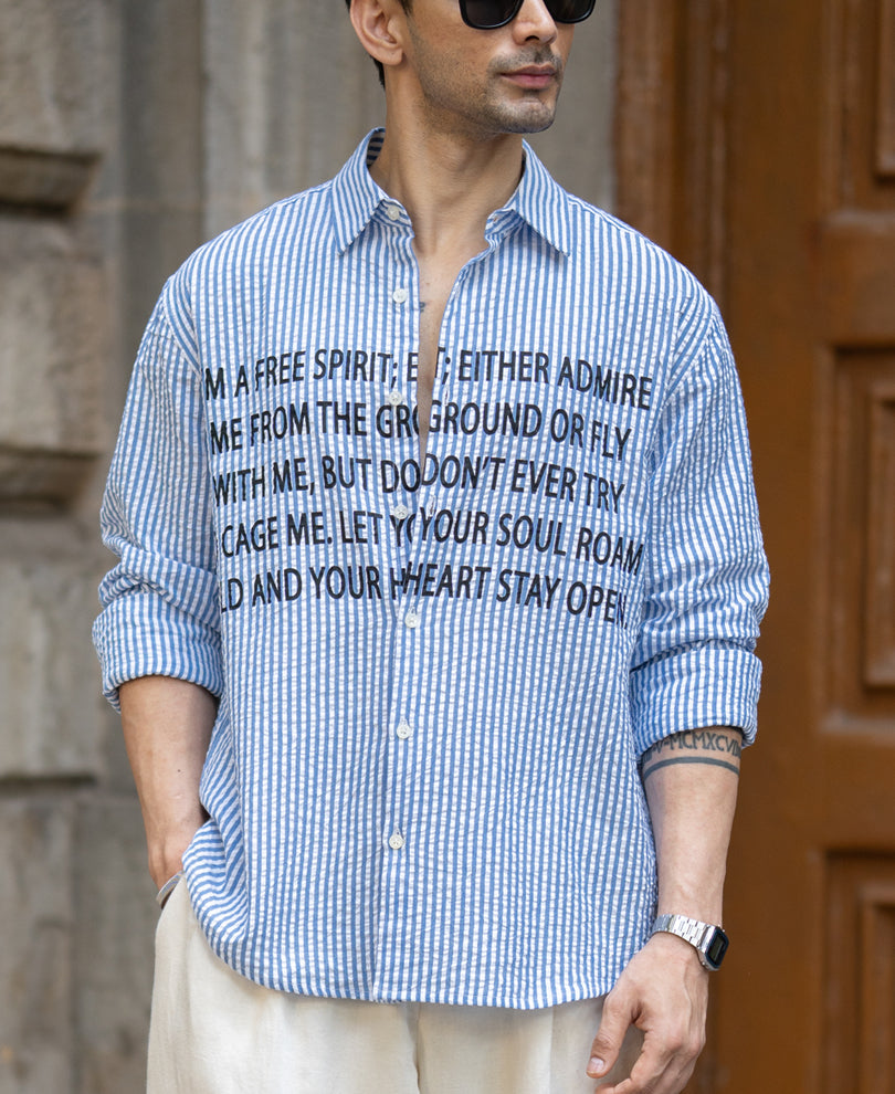 Blue Seersucker Printed Shirt 100% Cotton